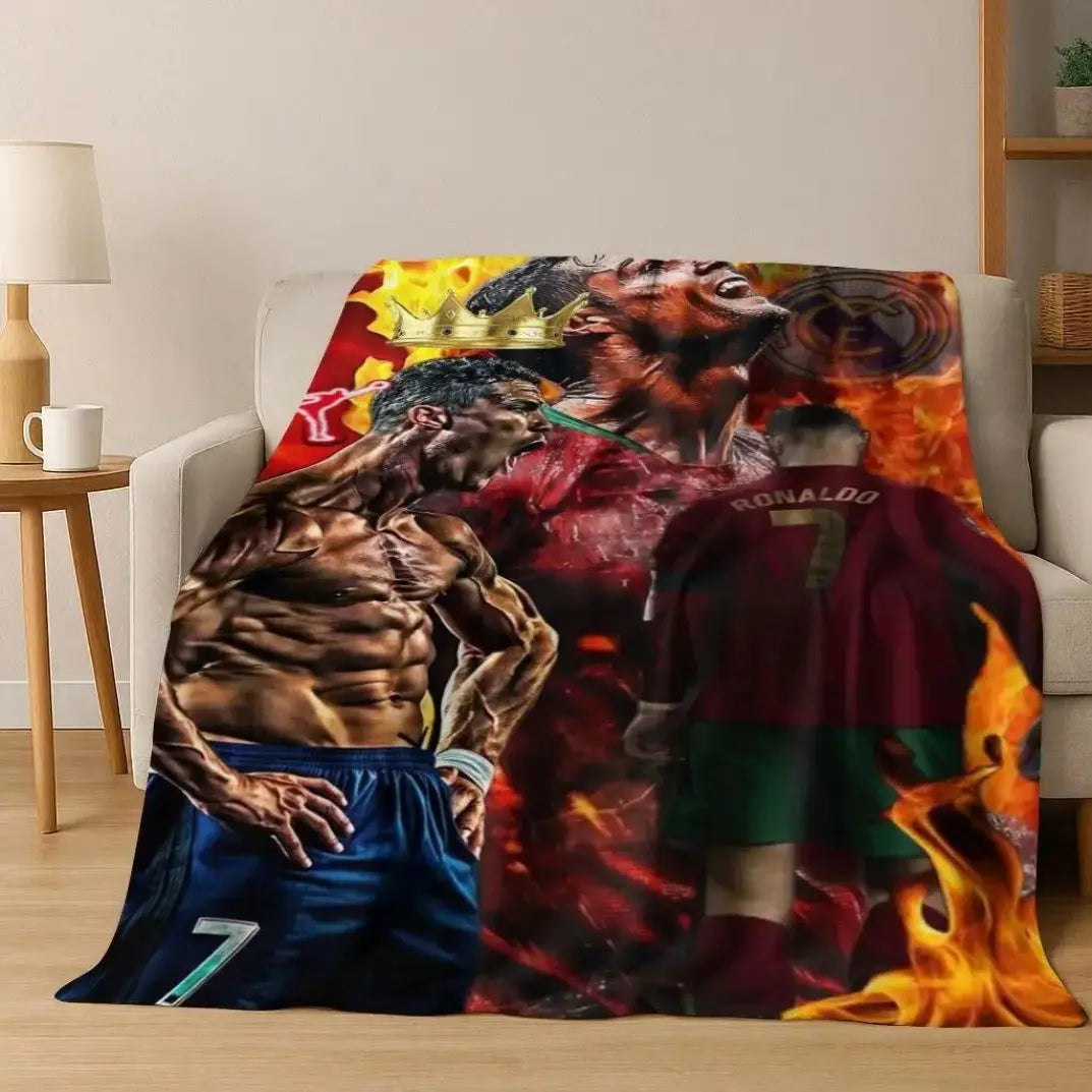 3D GOAT Ronaldo Cartoon Flannel Blanket - Polyester Fiber Throw, Cozy Warm Fluffy Soft Durable Fleece Blanket for Adults, Home & Travel Use on Sofa Bed Birthday Christmas Gift