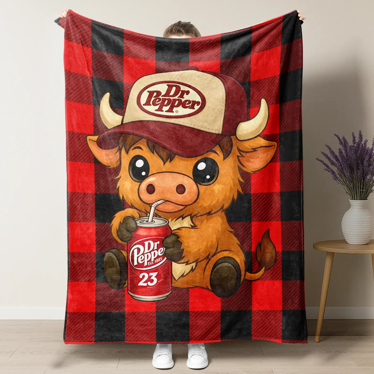 Highland Cow in Hat Cute Pattern Dr Pepper Flannel Throw Blanket - Red and Black Checkerboard Pattern Blanket, 1 Count Soft Lightweight Warming Bedding, Machine Washable for Easy Upkeep,sohochic
