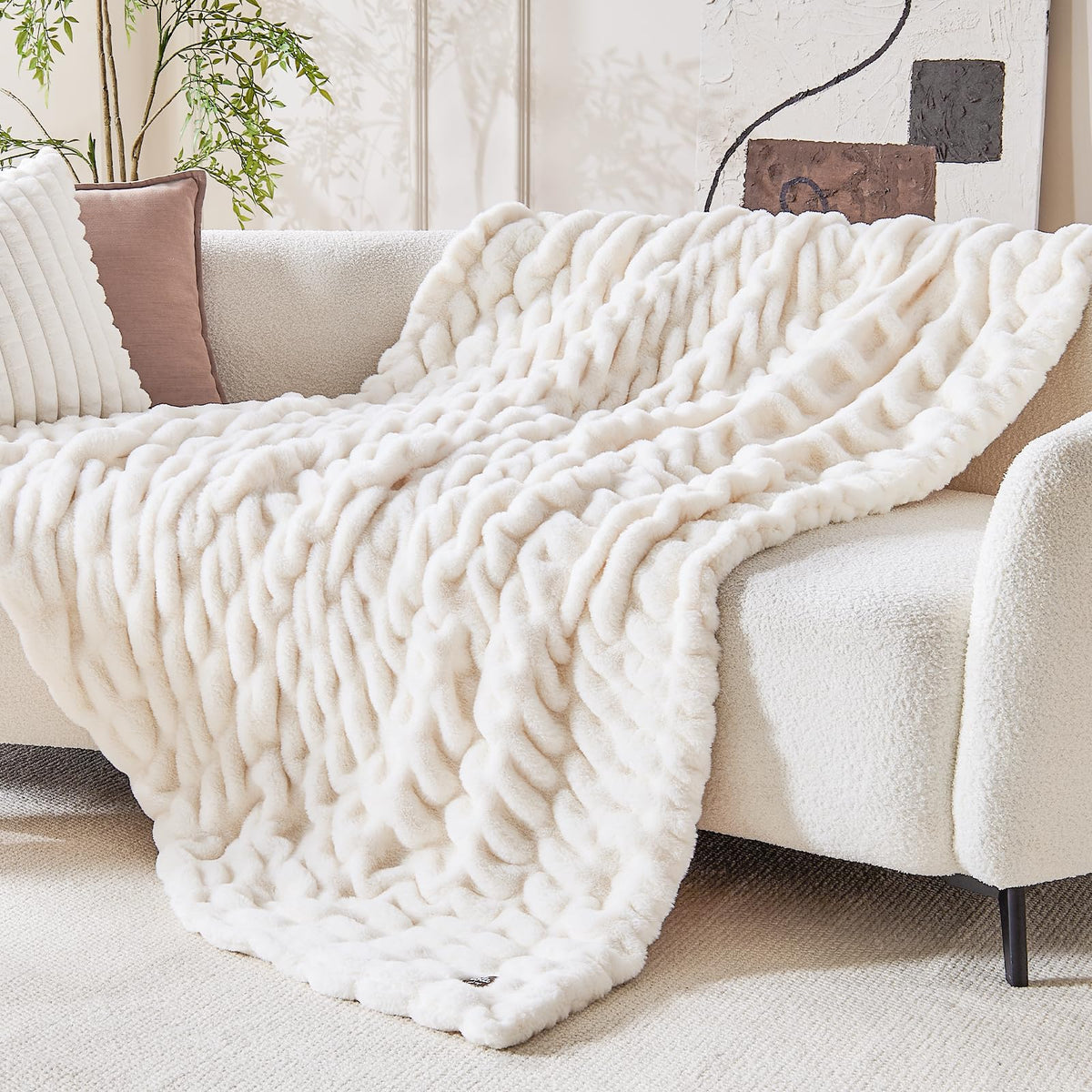 Double Sided Ruched Faux Rabbit Fur Throw Blanket,60x80,Driftwood