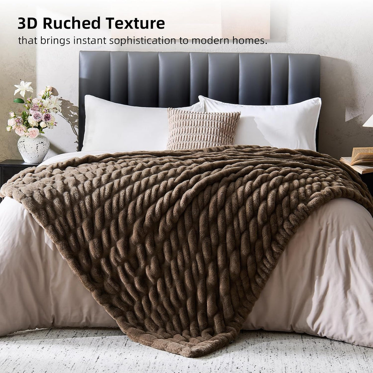 Double Sided Ruched Faux Rabbit Fur Throw Blanket,60x80,Driftwood