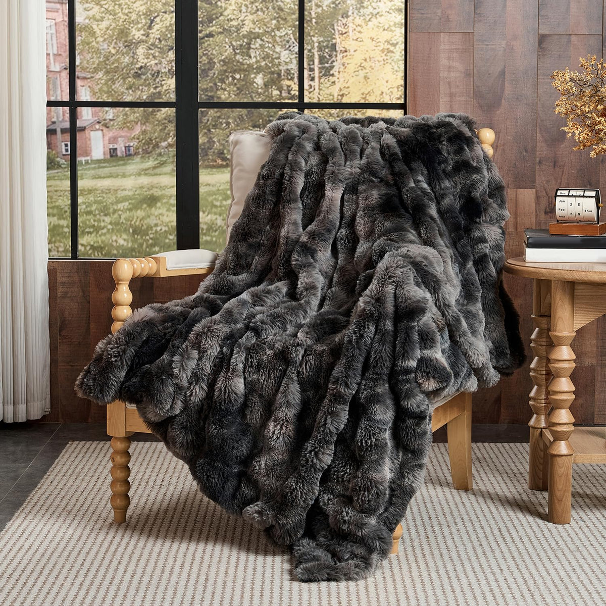 Lotus Karen Faux Fur Blanket - Cream White Twin Size, Big Bubble Rabbit Fluff, 60x80 Inches