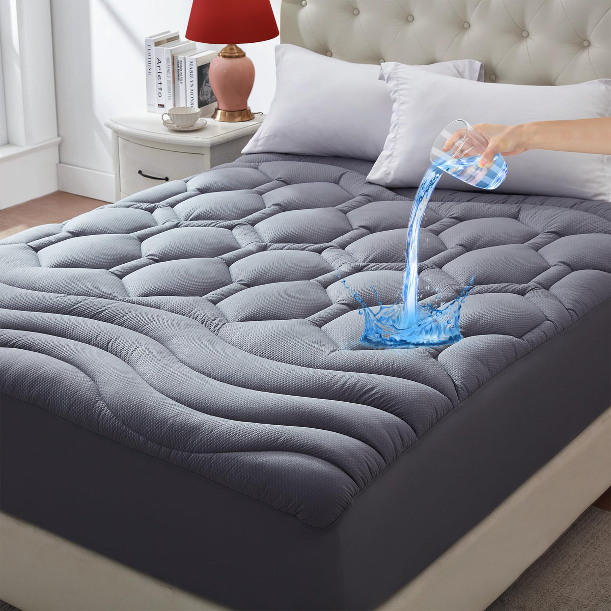 ELVEN HOME Queen Size Mattress Pad Waterproof, Pillow Top Cooling Mattress Topper Cover, Quilted Fitted Mattress Protector Washable, Deep Pocket 8-21" (60x80 inch, Black)