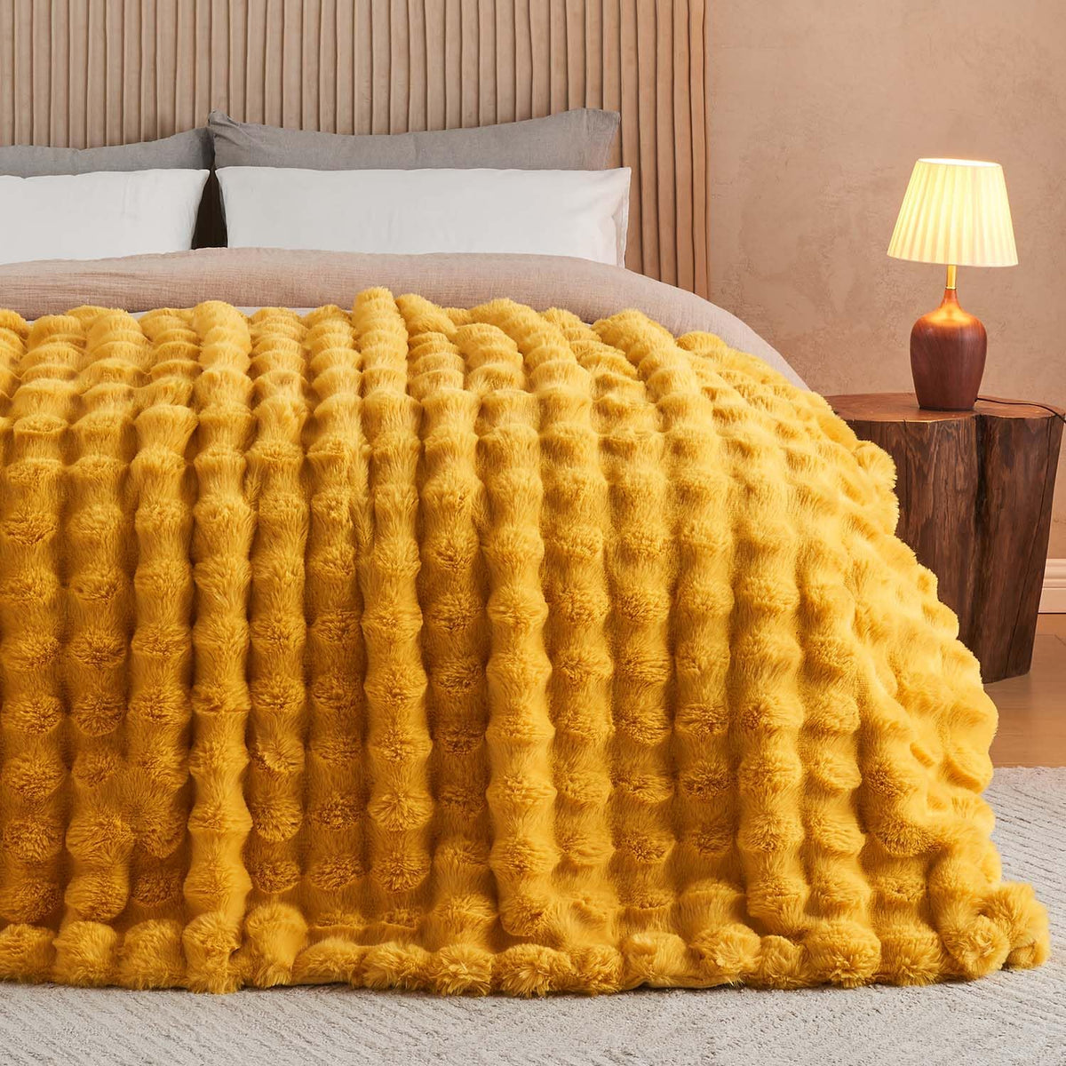 Lotus Karen Faux Fur Blanket - Cream White Twin Size, Big Bubble Rabbit Fluff, 60x80 Inches