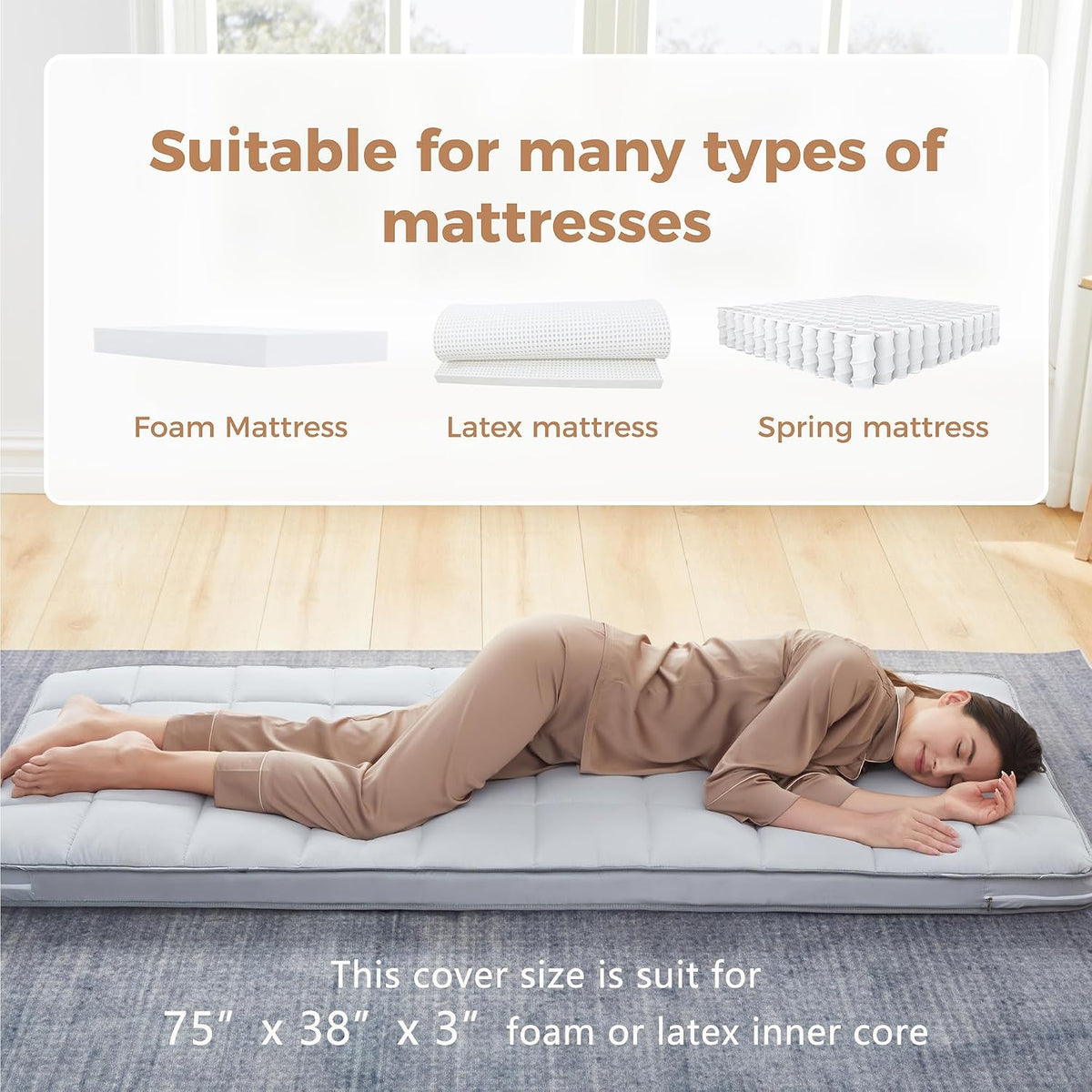 Jamdok 3Inch Twin Mattress Topper Cover(Only Cover),Zippered,75 x 38”
