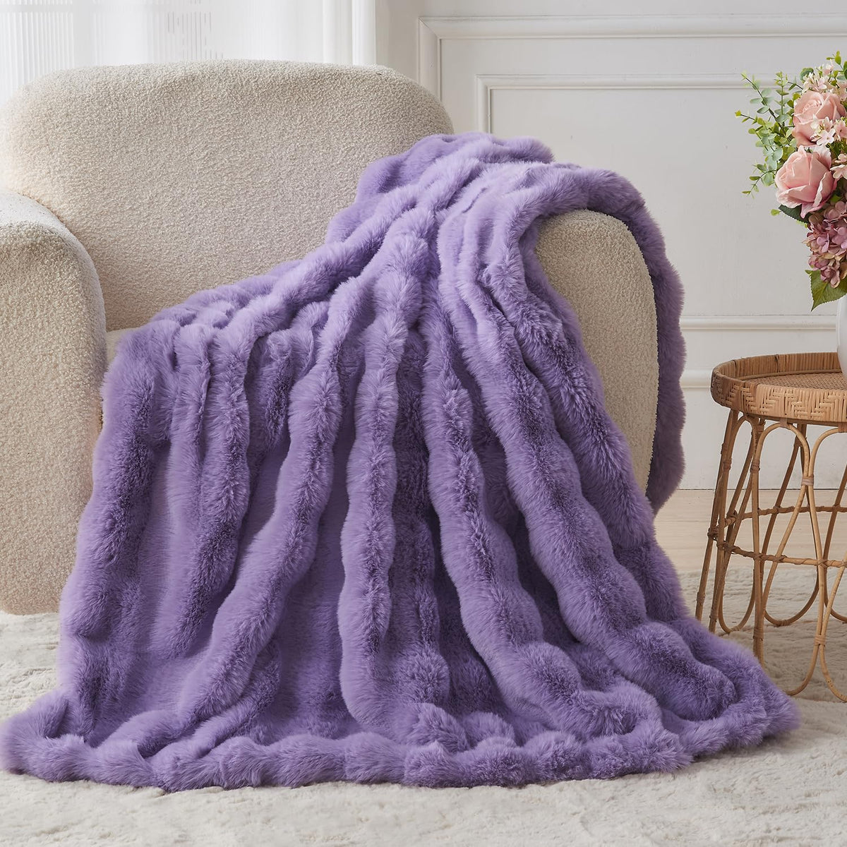Lotus Karen Faux Fur Blanket - Cream White Twin Size, Big Bubble Rabbit Fluff, 60x80 Inches