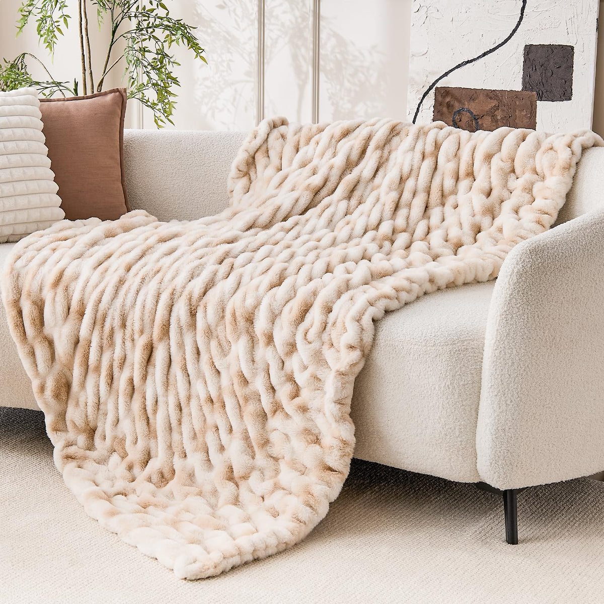 Double Sided Ruched Faux Rabbit Fur Throw Blanket,60x80,Driftwood