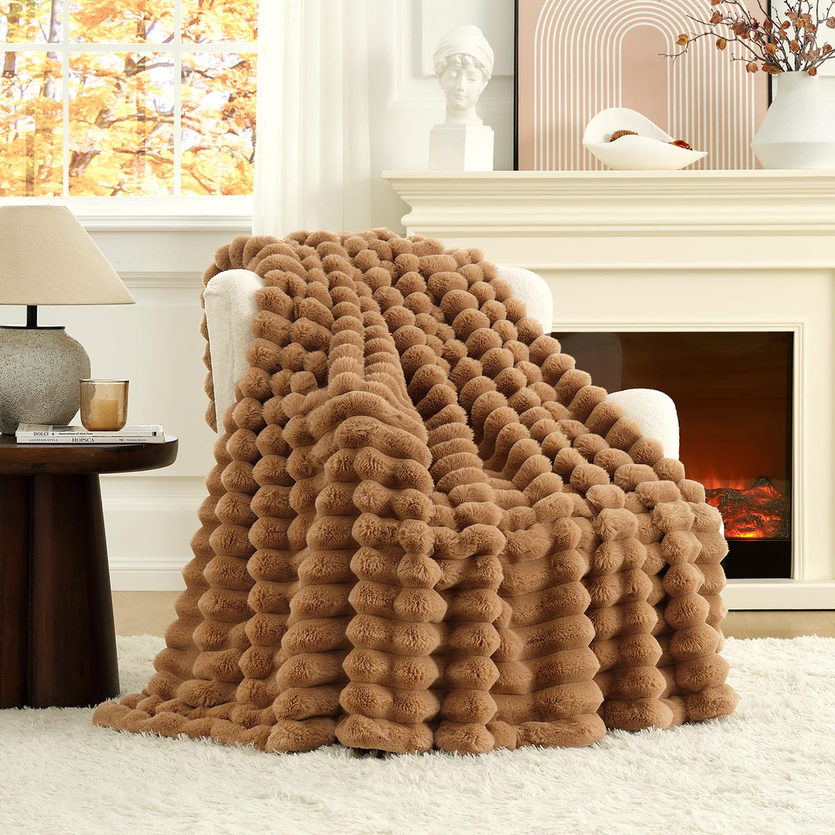 Cozy Bliss Faux Fur Throw Blanket for Couch, Cozy Warm Plush Striped Blanket for Sofa Bedroom Living Room, 50 * 60 Inches Black