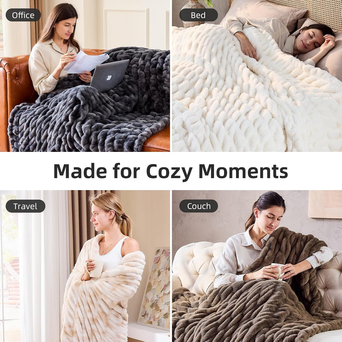Double Sided Ruched Faux Rabbit Fur Throw Blanket,60x80,Driftwood