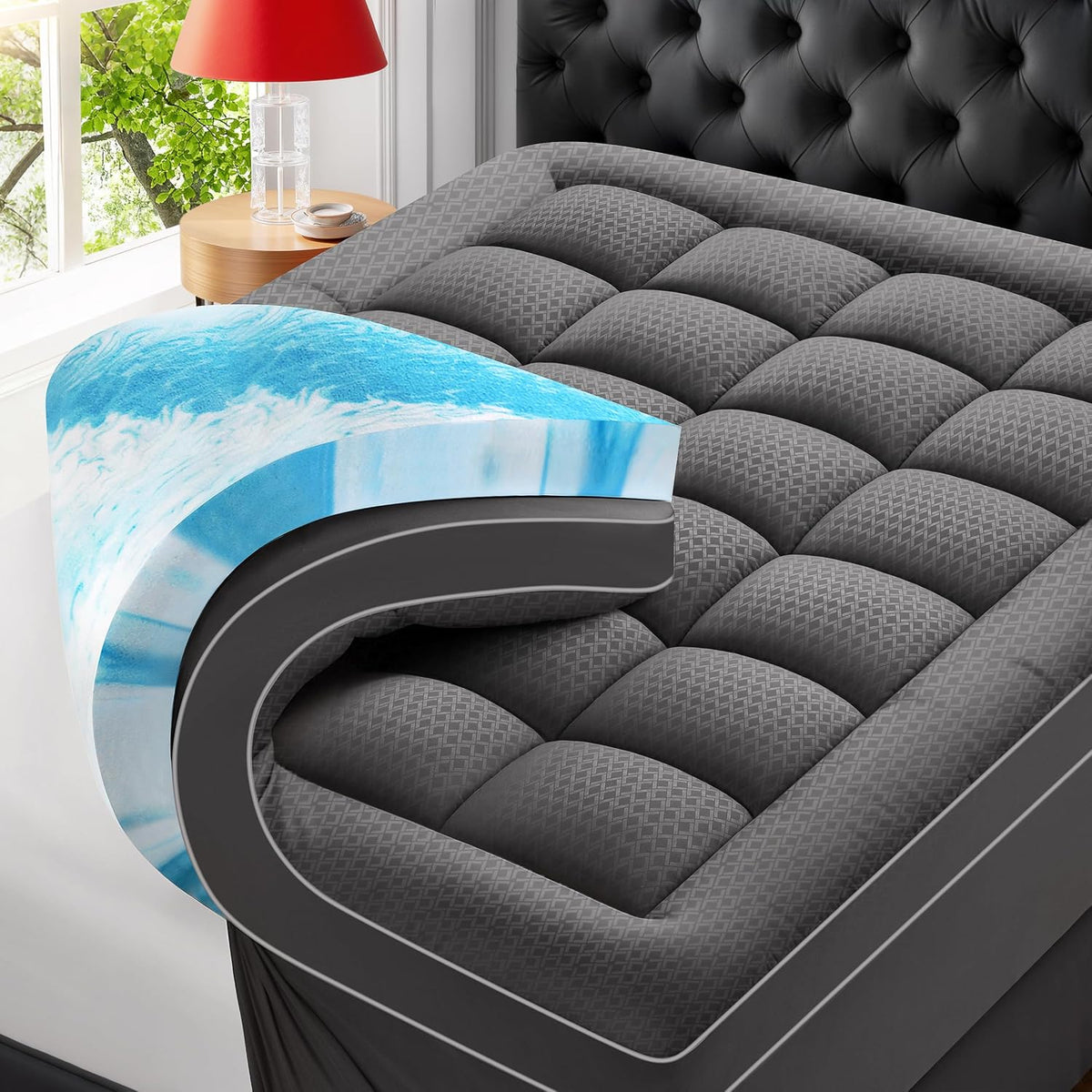 Premium Dual Layer 4 Inch Memory Foam Mattress Topper, 2 Inch Gel Memory Foam and 2 Inch Pillow Top Mattress Pad Cover for Back Pain, Extra Thick Comfort Support（Queen 60"x80"） Grey
