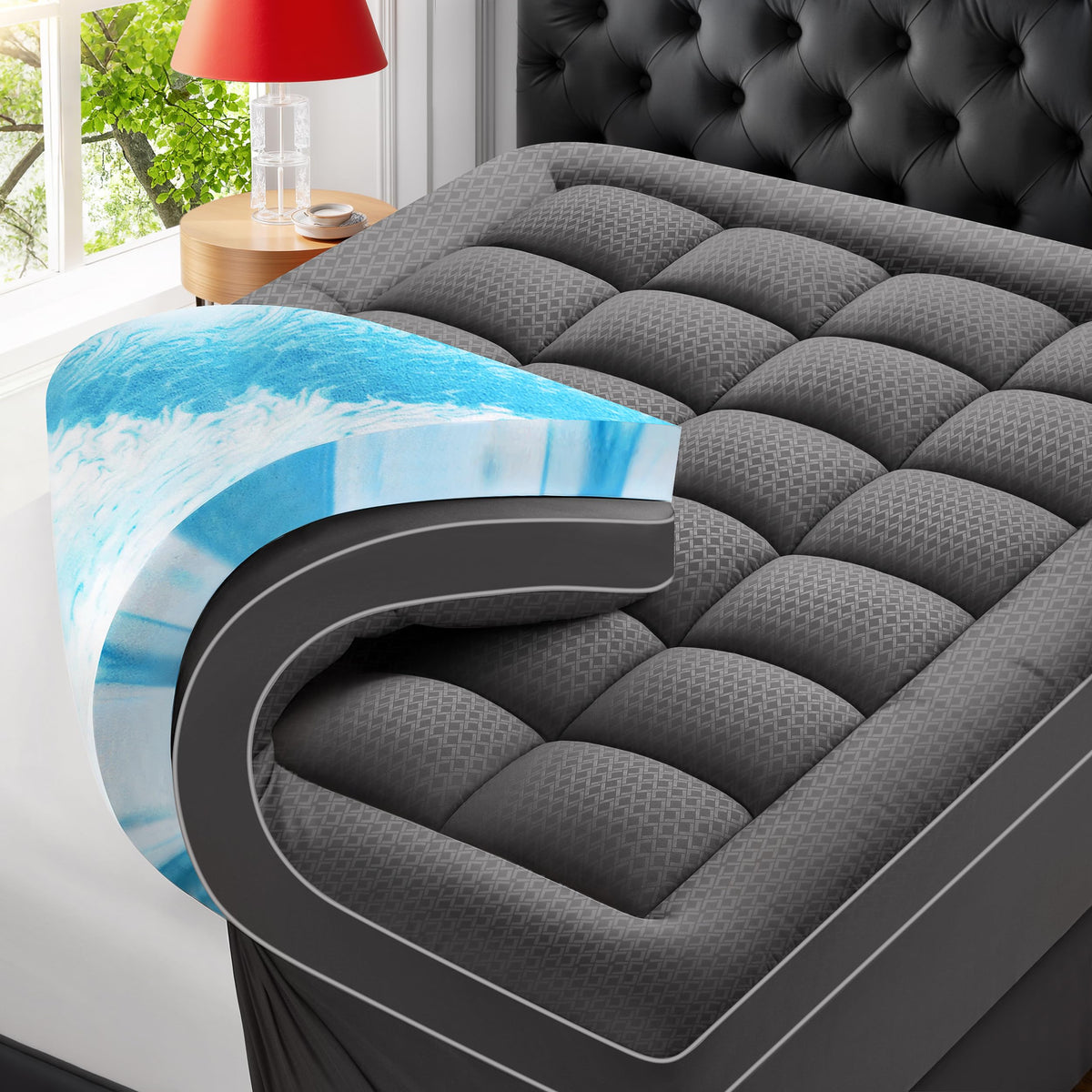 Premium Dual Layer 4 Inch Memory Foam Mattress Topper, 2 Inch Gel Memory Foam and 2 Inch Pillow Top Mattress Pad Cover for Back Pain, Extra Thick Comfort Support（Queen 60"x80"） Grey