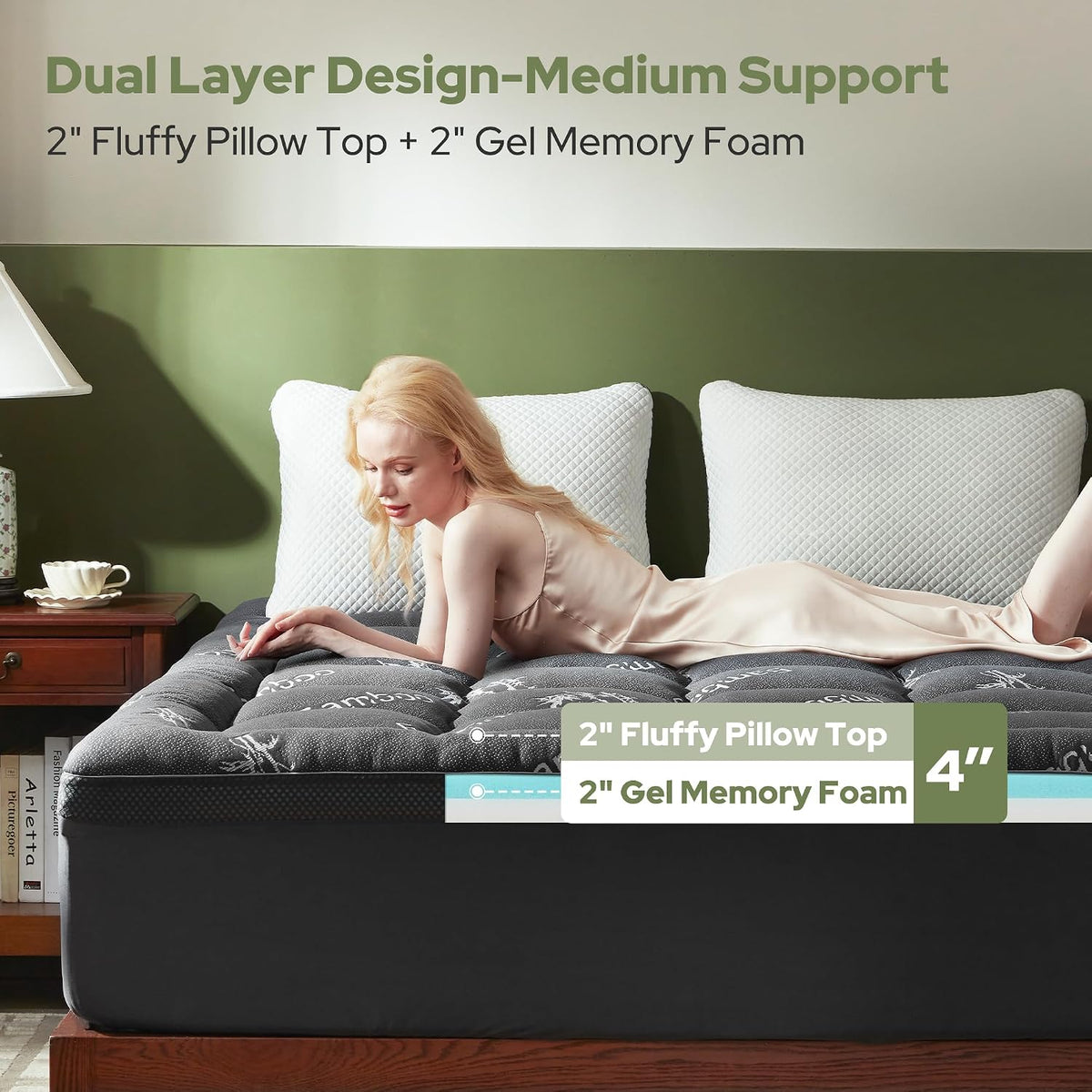 BEDLORE 4 Inch Dual Layer Memory Foam Mattress Topper Queen