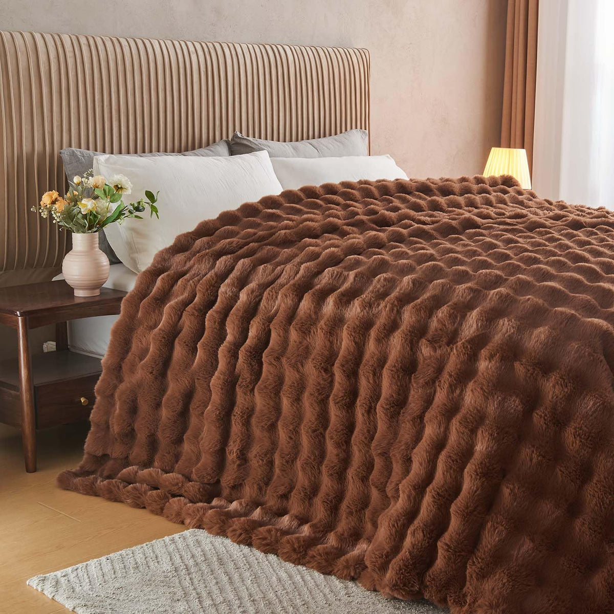 Lotus Karen Faux Fur Blanket - Cream White Twin Size, Big Bubble Rabbit Fluff, 60x80 Inches