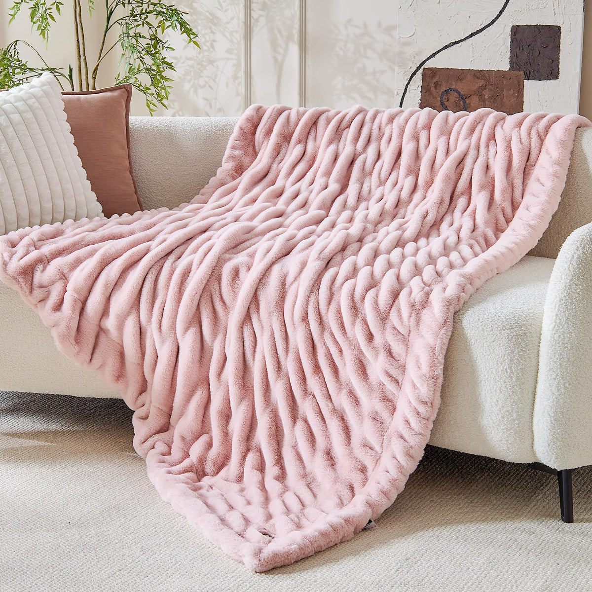 Double Sided Ruched Faux Rabbit Fur Throw Blanket,60x80,Driftwood