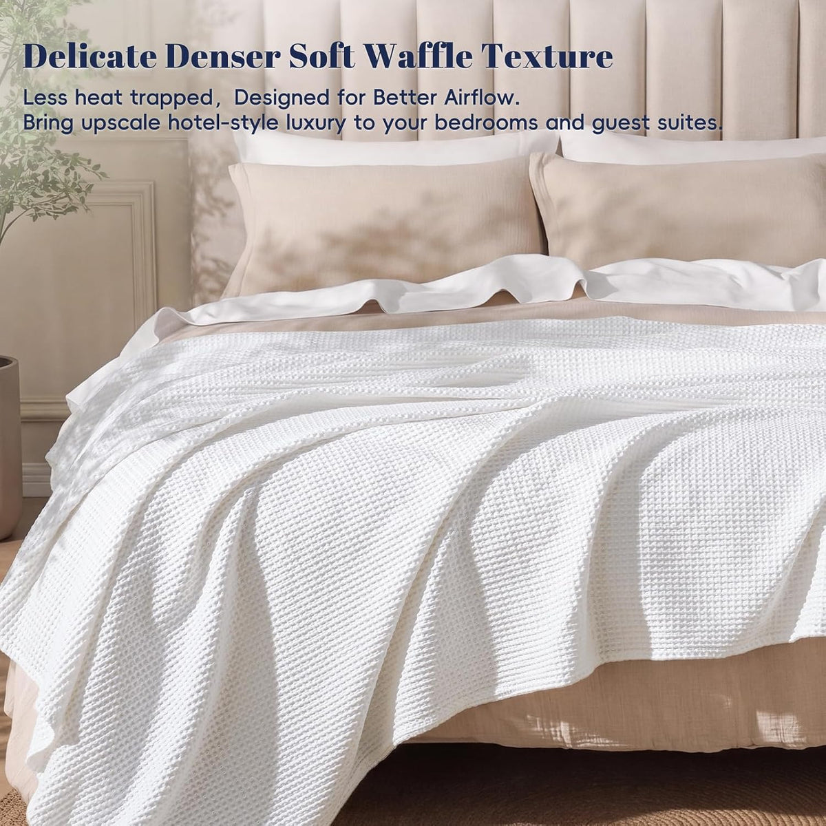 PHF 100% Cotton Waffle Blanket Lightweight Breathable, Twin Size, White