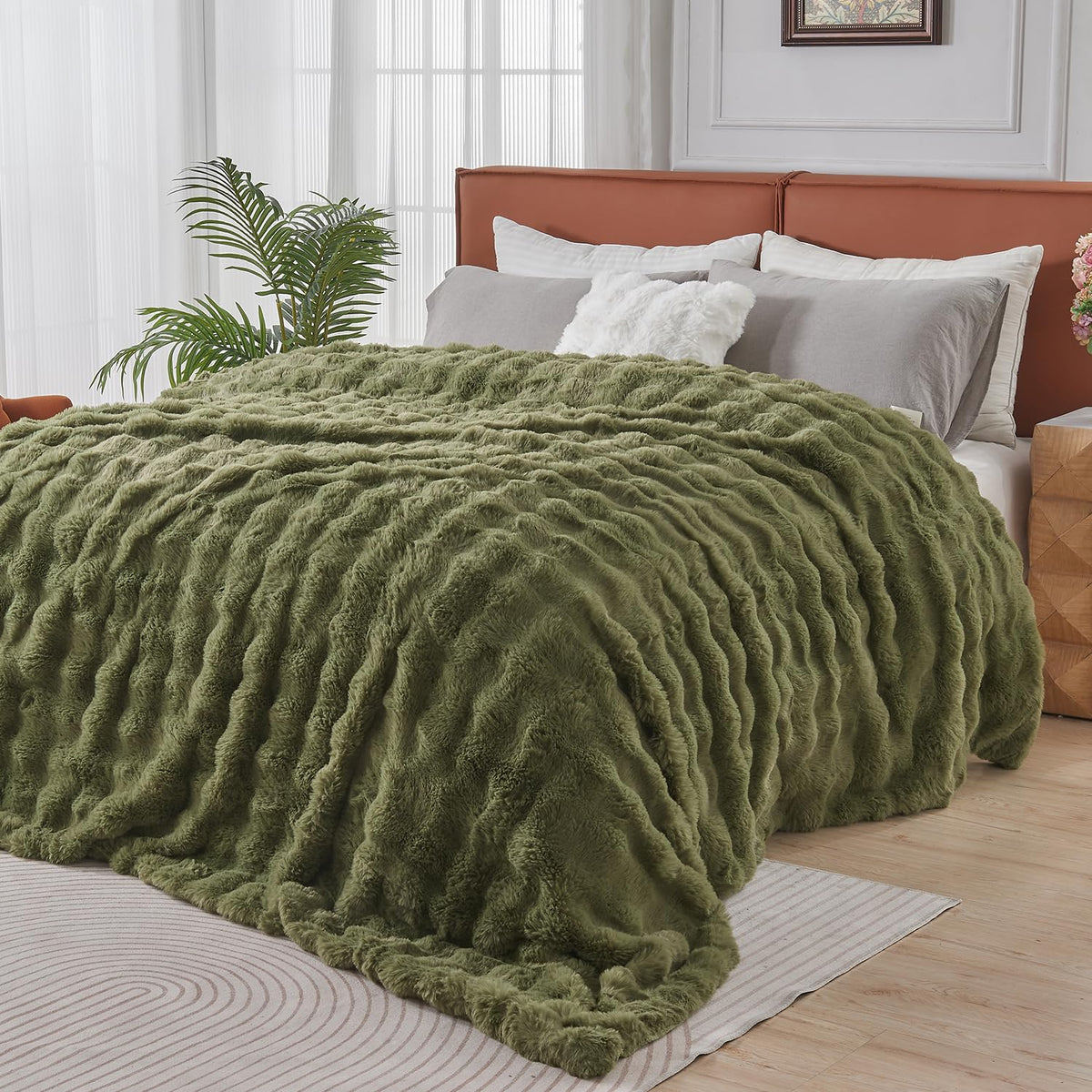 Lotus Karen Faux Fur Blanket - Cream White Twin Size, Big Bubble Rabbit Fluff, 60x80 Inches