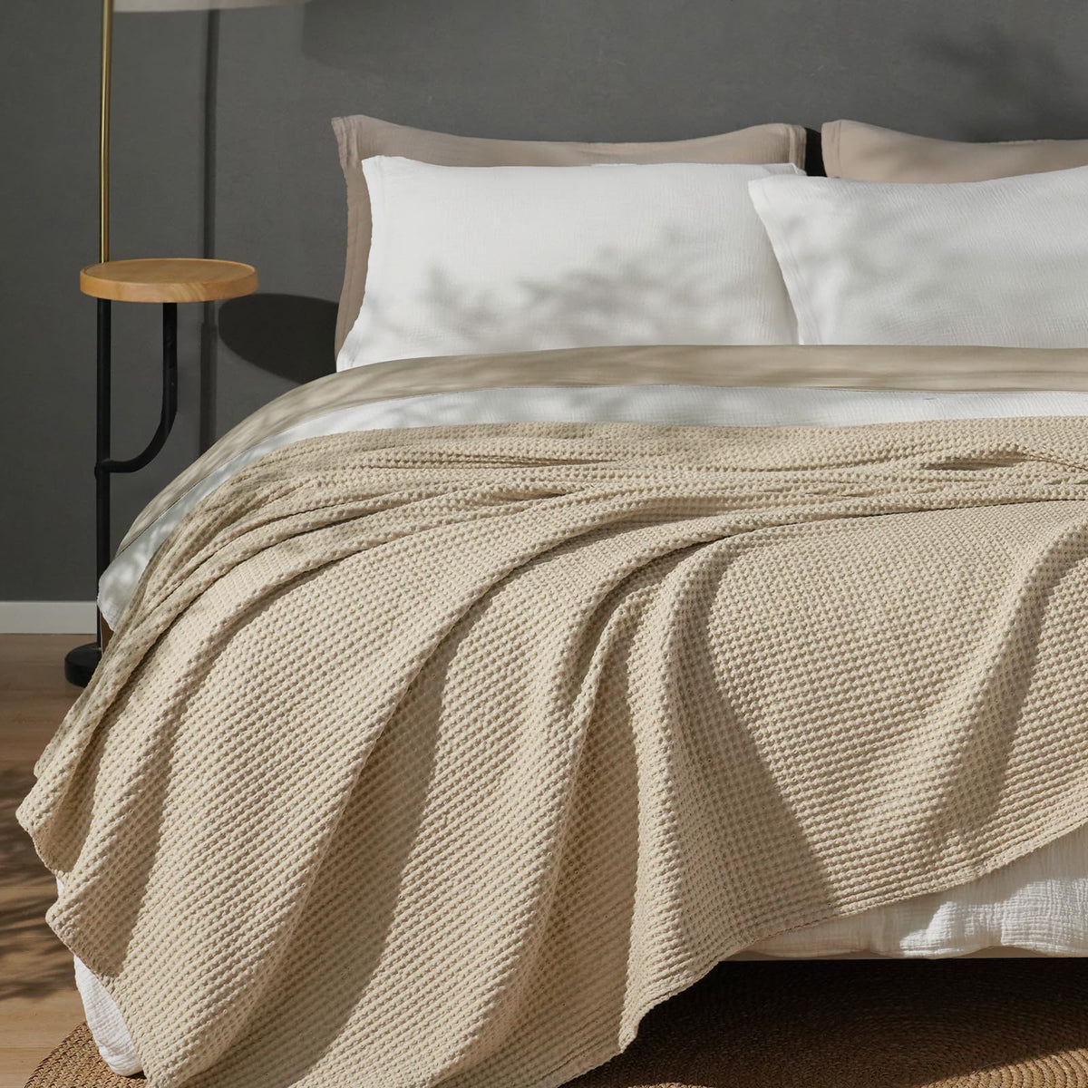 PHF 100% Cotton Waffle Blanket Lightweight Breathable, Twin Size, White