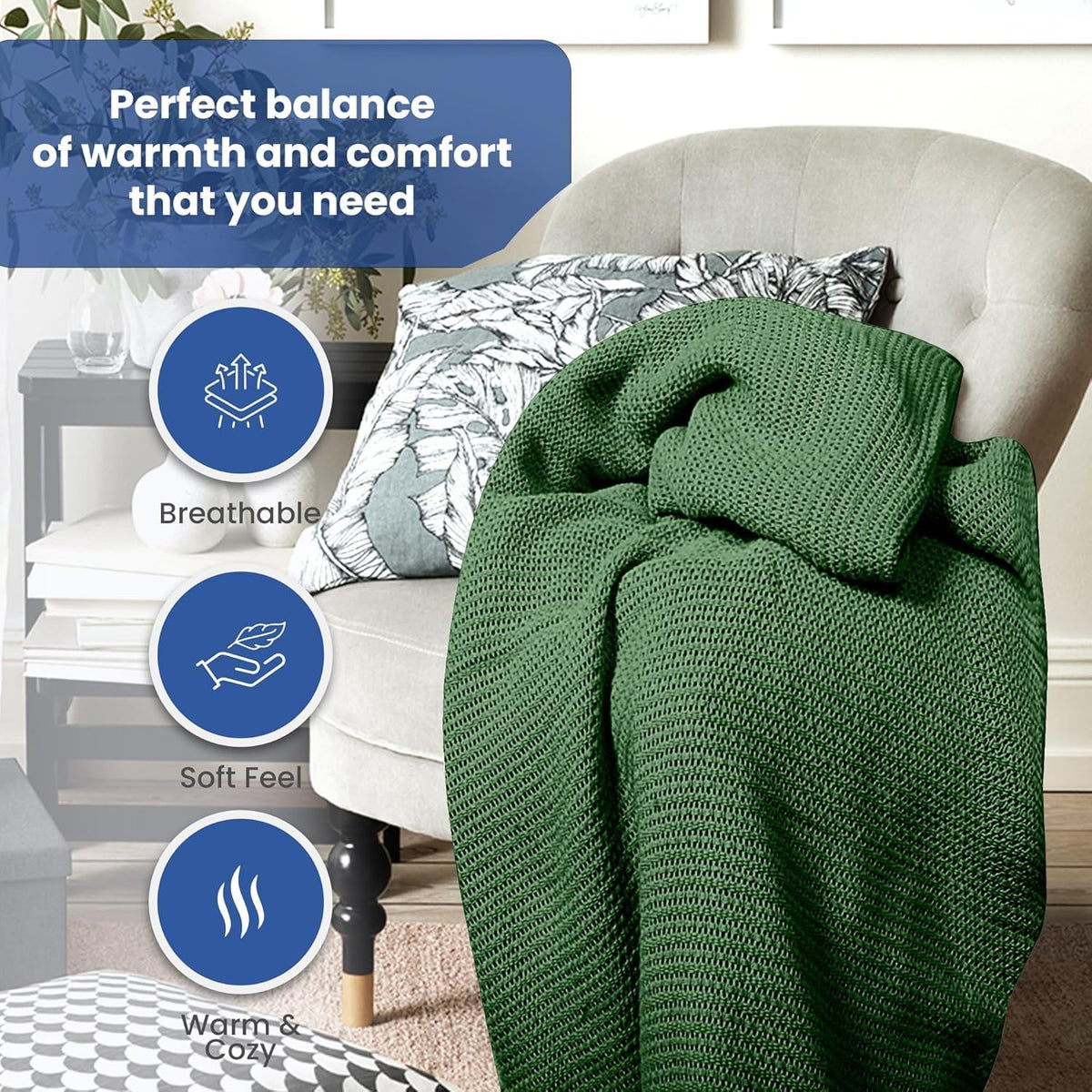 Linteum 100% Cotton Open-Cell Leno Weave Blanket — Breathable All Season — Queen 90x90 — Hunter Green