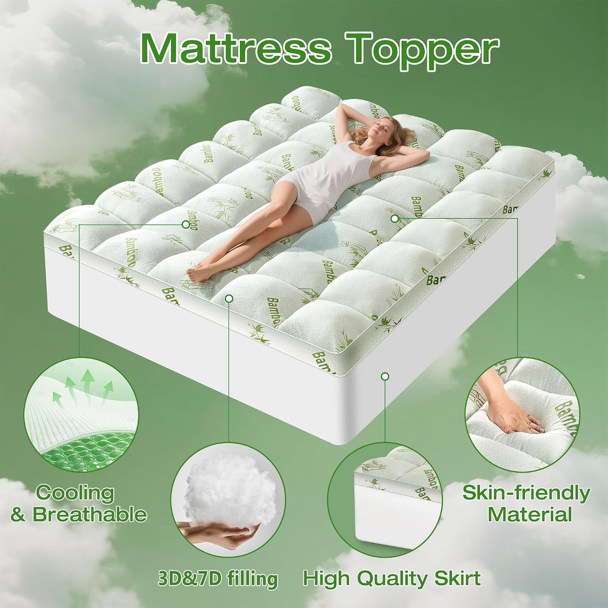 Mattress Topper King Size Viscose Derived from Bamboo, Thick Soft Pillow Top Mattress Pad Cover for Back Pain, Mattress Protector with 8-21 Inch Deep Pocket, White