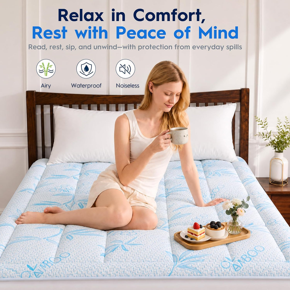 Waterproof Mattress Pad Queen Size, Mattress Topper Cooling for Hot Sleepers Made with Bamboo Viscose, Cloud-Soft Memory Foam Mattress Topper, Pillow Top Mattress Cover with 8-21" Deep Pocket