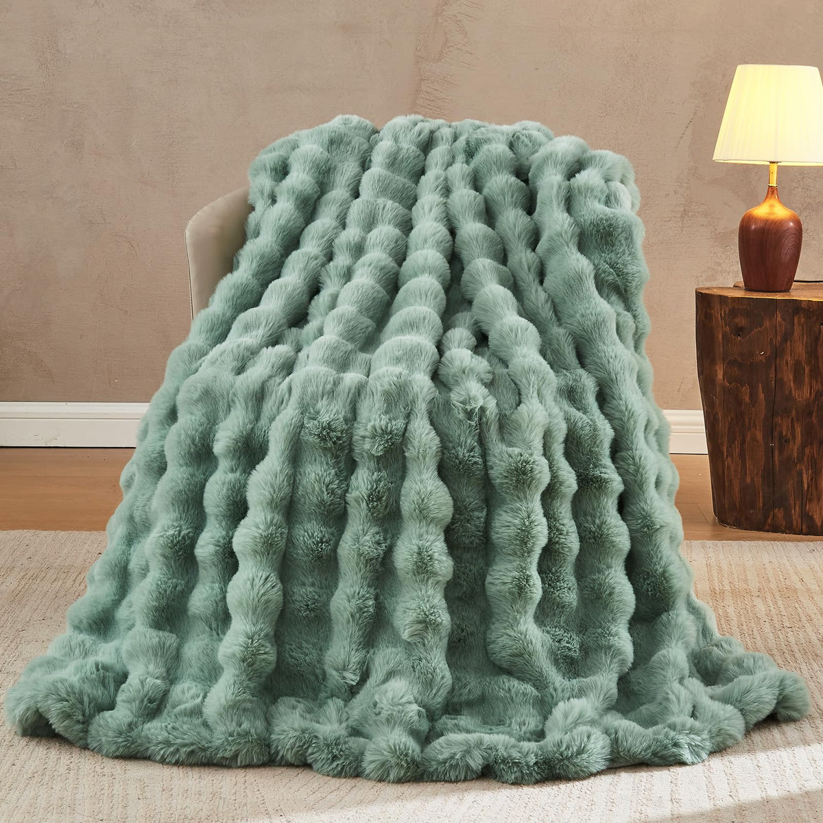 Lotus Karen Faux Fur Blanket - Cream White Twin Size, Big Bubble Rabbit Fluff, 60x80 Inches