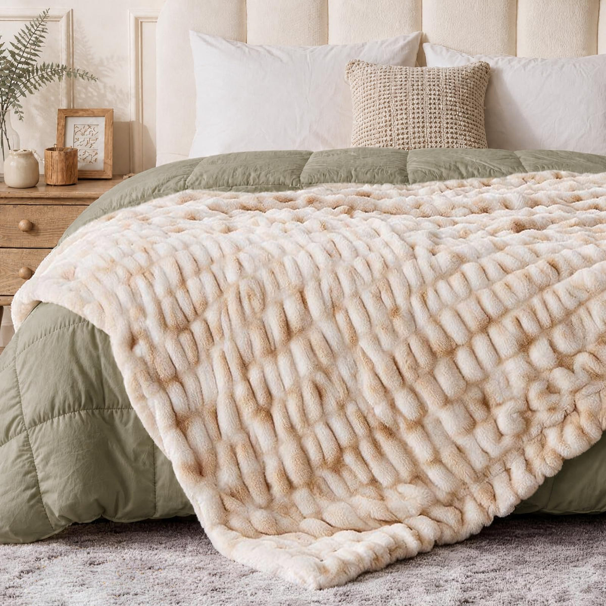 Double Sided Ruched Faux Rabbit Fur Throw Blanket,60x80,Driftwood