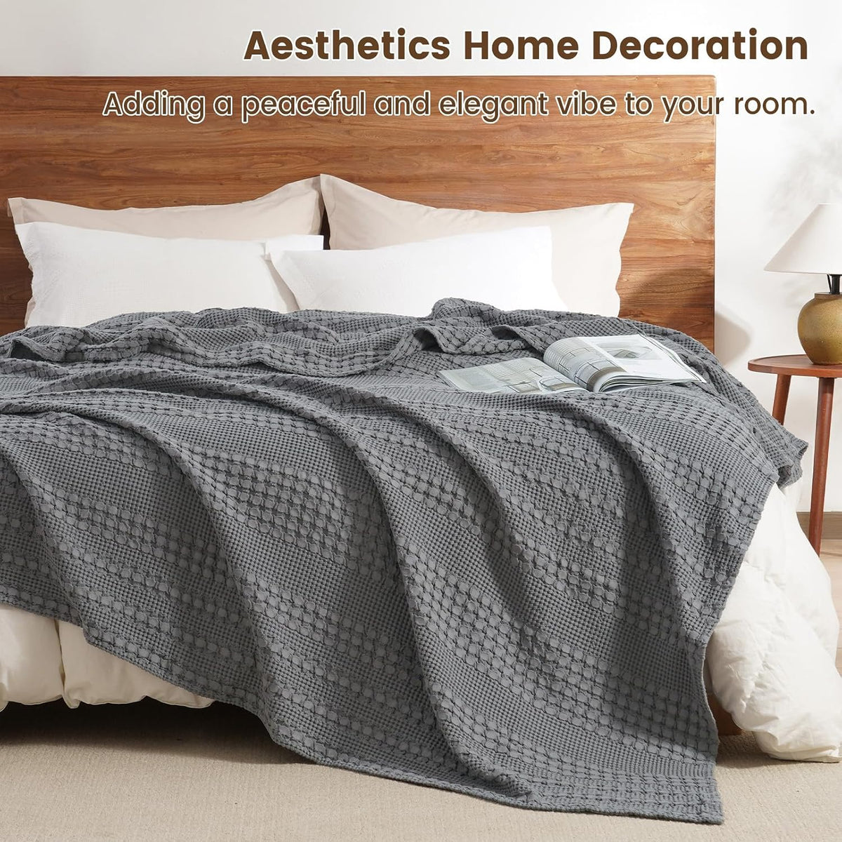 David's Home 100% Cotton Waffle Blanket King Size, Lightweight Breathable Soft Cooling Blanket for All Seasons, Gift for Women, Aesthetics Home Decor for Couch Sofa Bedding,Grey,108x90