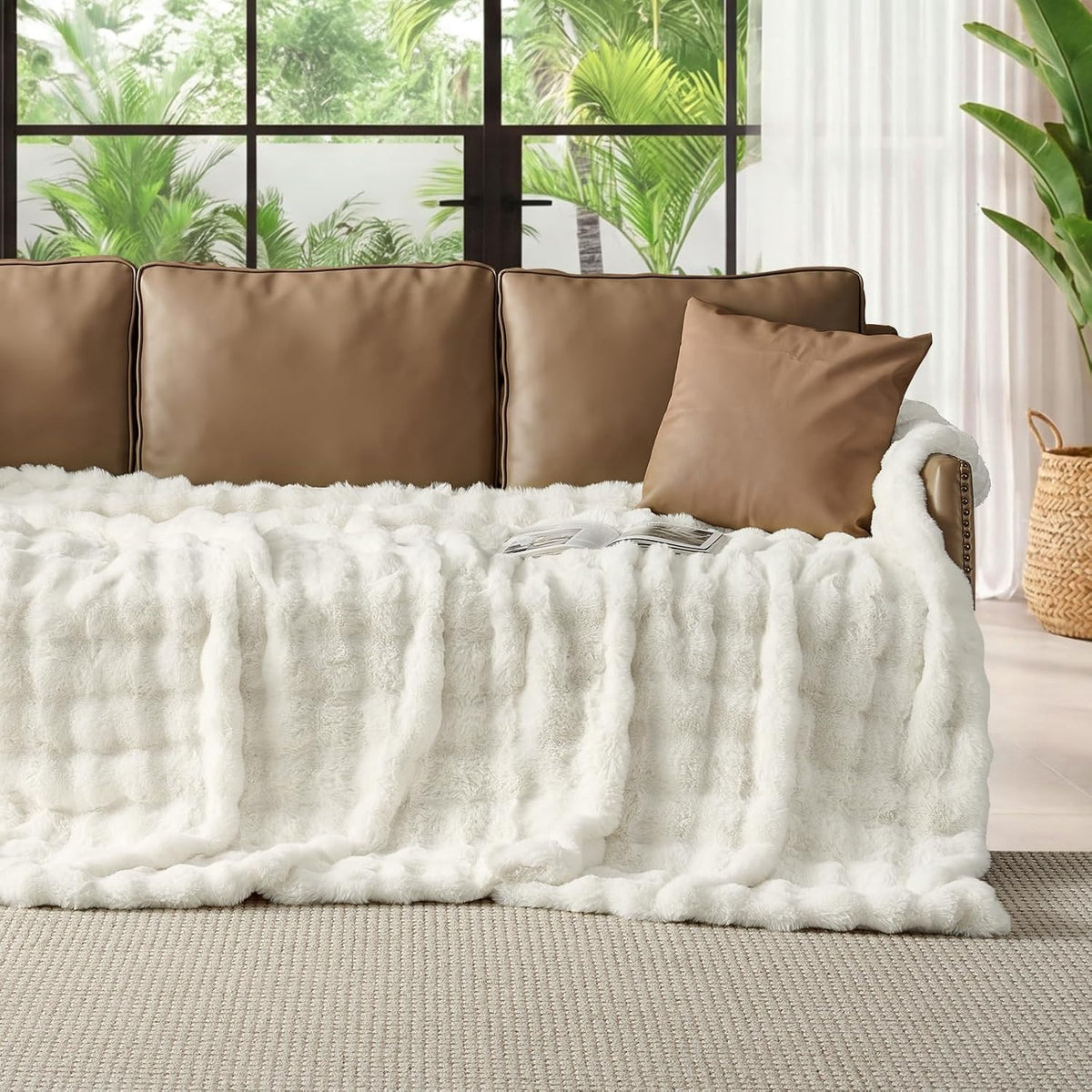 Lotus Karen Faux Fur Blanket - Cream White Twin Size, Big Bubble Rabbit Fluff, 60x80 Inches