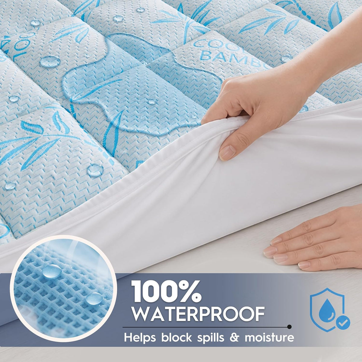 Waterproof Mattress Pad Queen Size, Mattress Topper Cooling for Hot Sleepers Made with Bamboo Viscose, Cloud-Soft Memory Foam Mattress Topper, Pillow Top Mattress Cover with 8-21" Deep Pocket