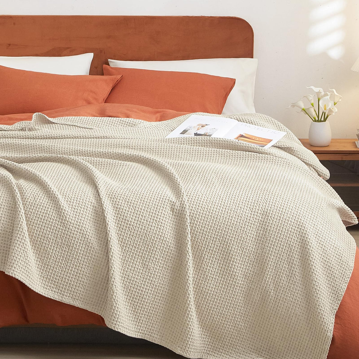 PHF 100% Cotton Waffle Blanket Lightweight Breathable, Twin Size, White