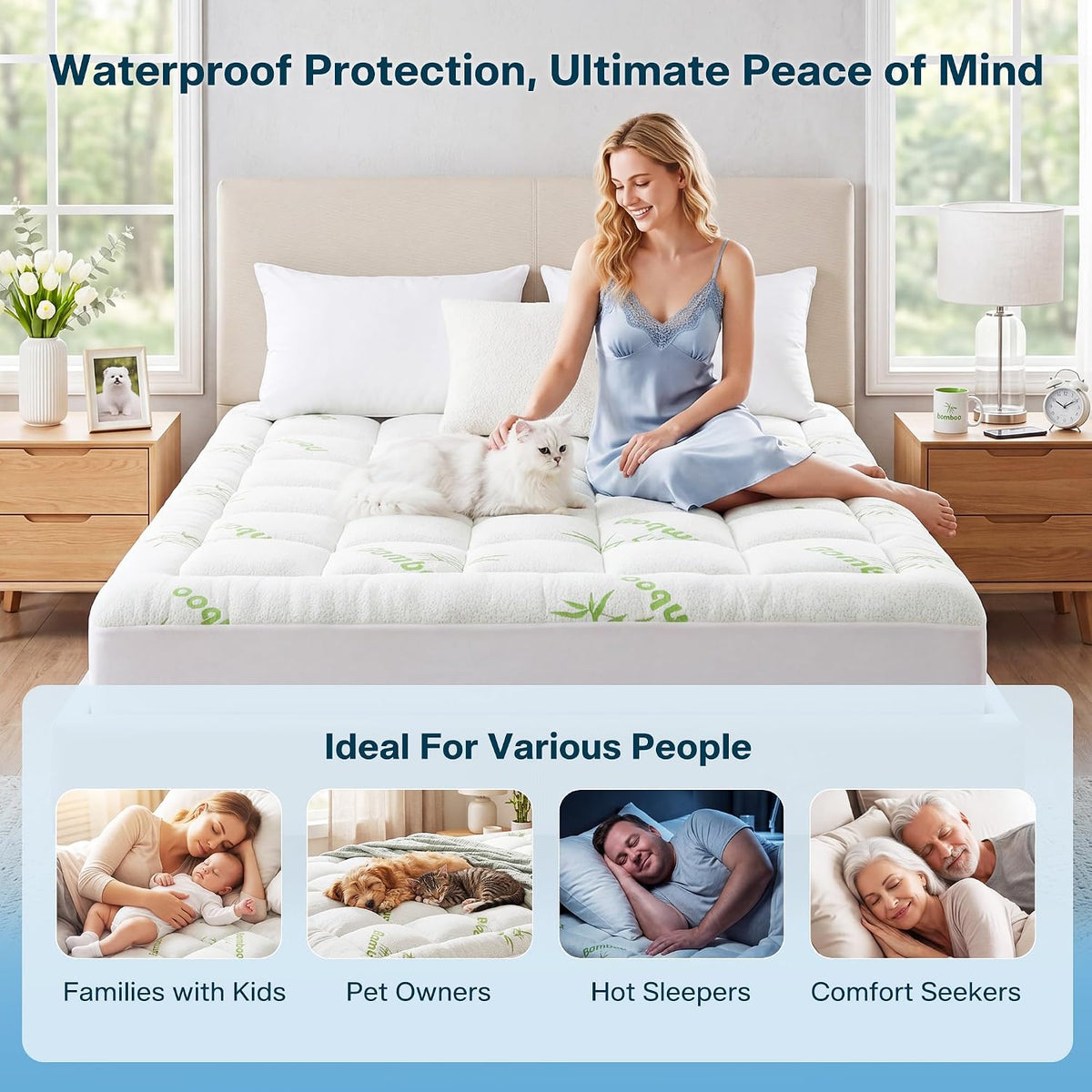 Waterproof Queen Size Mattress Topper Viscose Derived from Bamboo, Extra Thick Mattress Pad for Back Pain, Cooling Mattress Protector with Deep Pocket 8"-21", Green,Queen