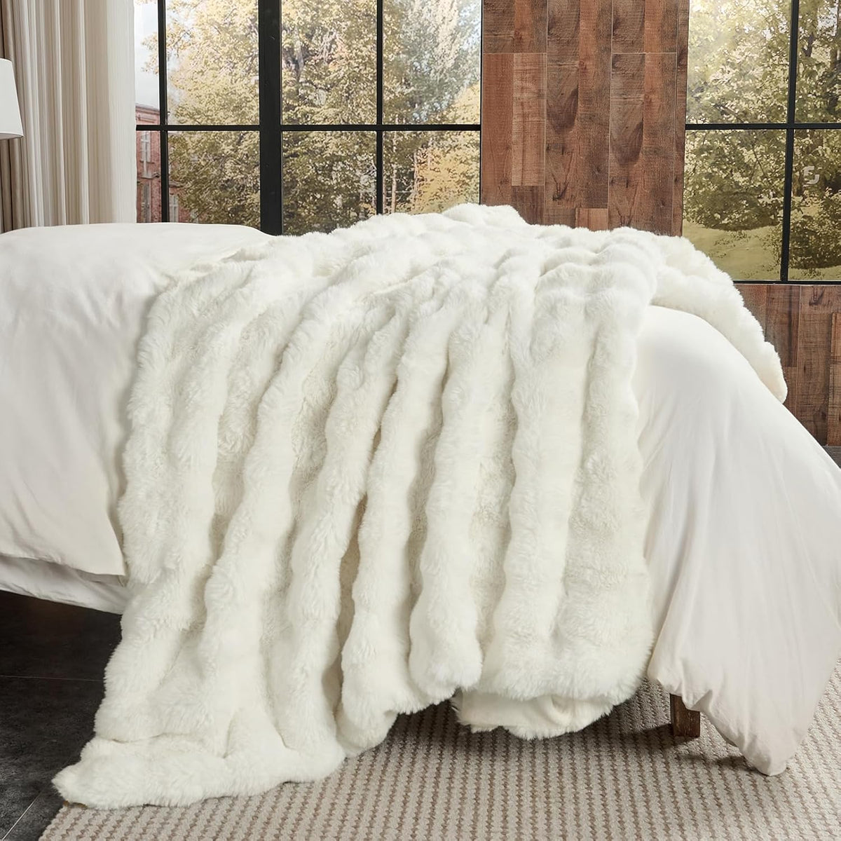 Lotus Karen Faux Fur Blanket - Cream White Twin Size, Big Bubble Rabbit Fluff, 60x80 Inches