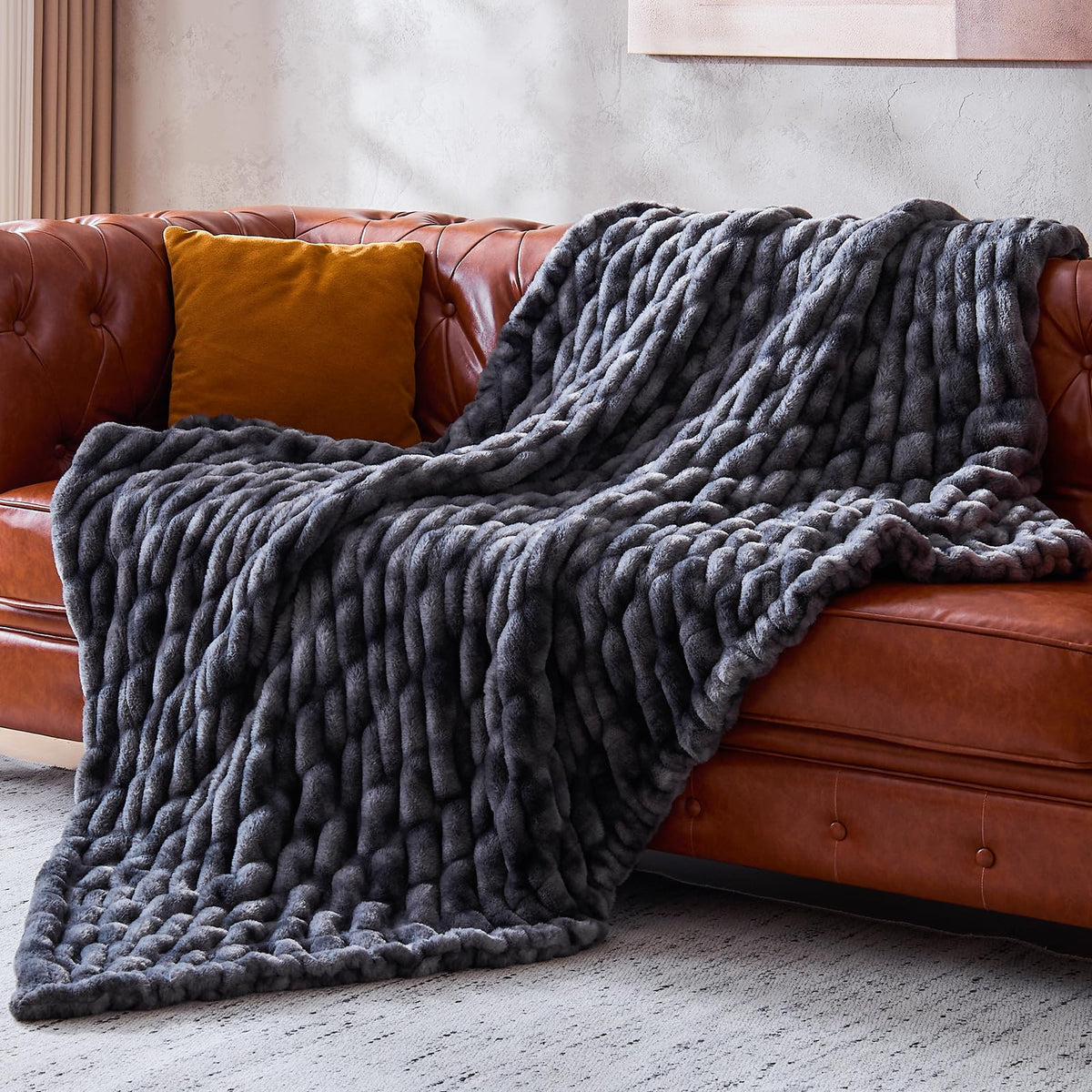 Double Sided Ruched Faux Rabbit Fur Throw Blanket,60x80,Driftwood