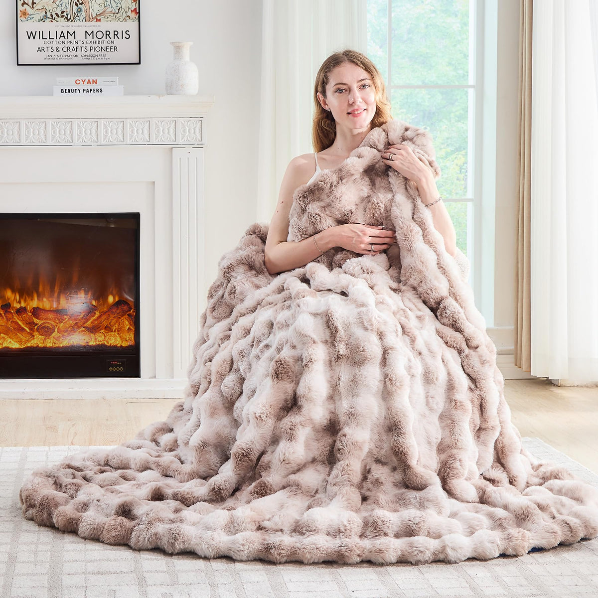 Lotus Karen Faux Fur Blanket - Cream White Twin Size, Big Bubble Rabbit Fluff, 60x80 Inches