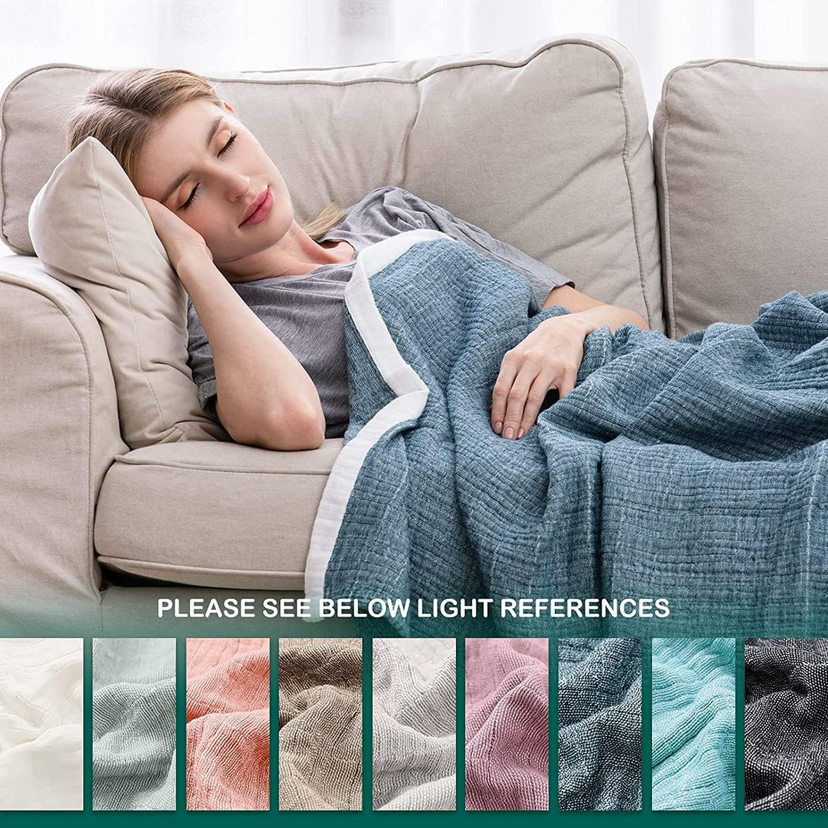 SE SOFTEXLY Muslin Throw Blanket, 4-Layer Dyed Yarn, 80”x90”, Denim Blue