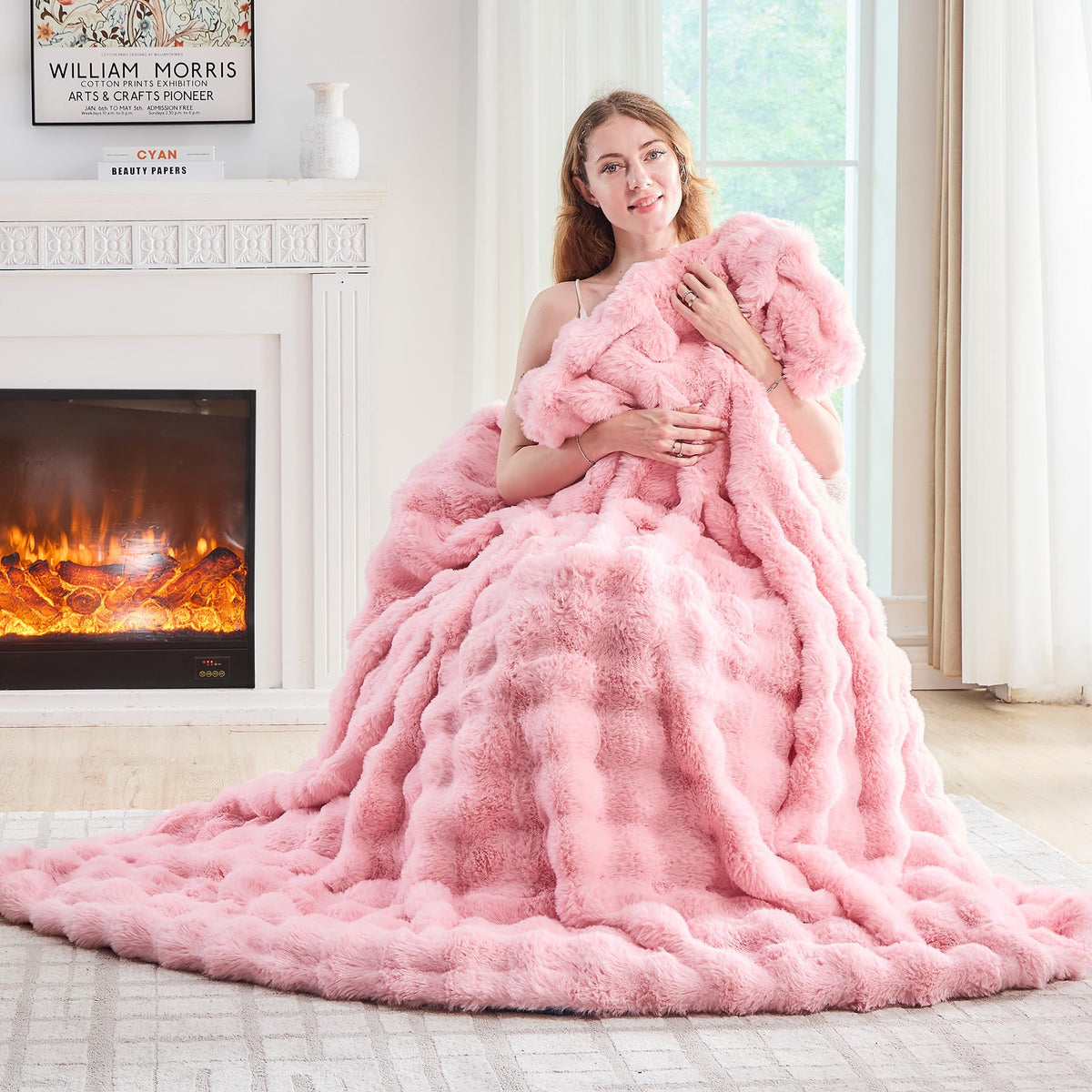 Lotus Karen Faux Fur Blanket - Cream White Twin Size, Big Bubble Rabbit Fluff, 60x80 Inches