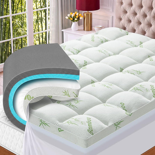 MASVIS 4 Inch Queen Mattress Topper, 2-in-1 Dual Layer Design, 2" Gel Memory Foam and 2" Pillow Top Mattress Pad Cover, Viscose Made from Bamboo, Pressure Relief & Medium Firm Support