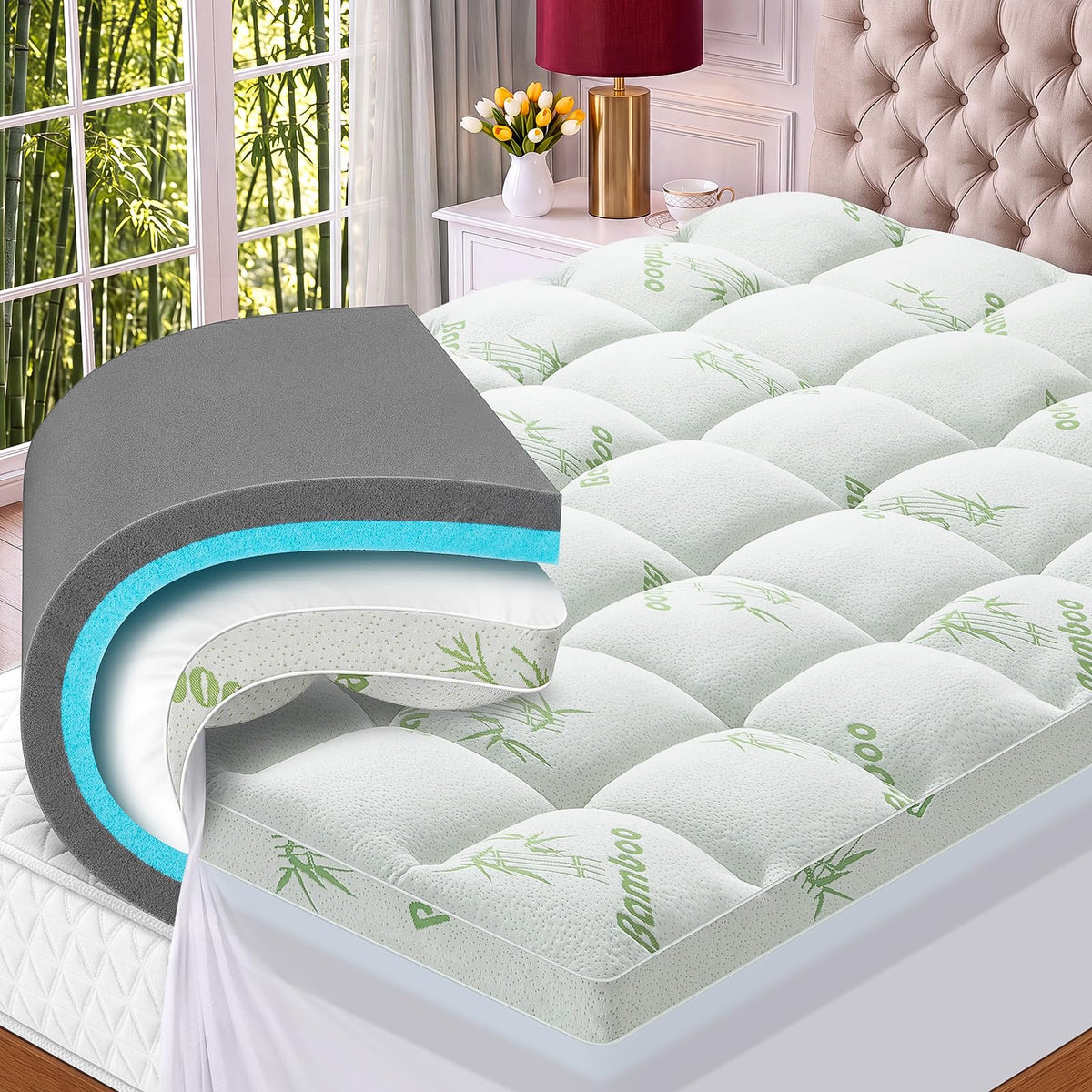 MASVIS 4 Inch Queen Mattress Topper, 2-in-1 Dual Layer Design, 2" Gel Memory Foam and 2" Pillow Top Mattress Pad Cover, Viscose Made from Bamboo, Pressure Relief & Medium Firm Support