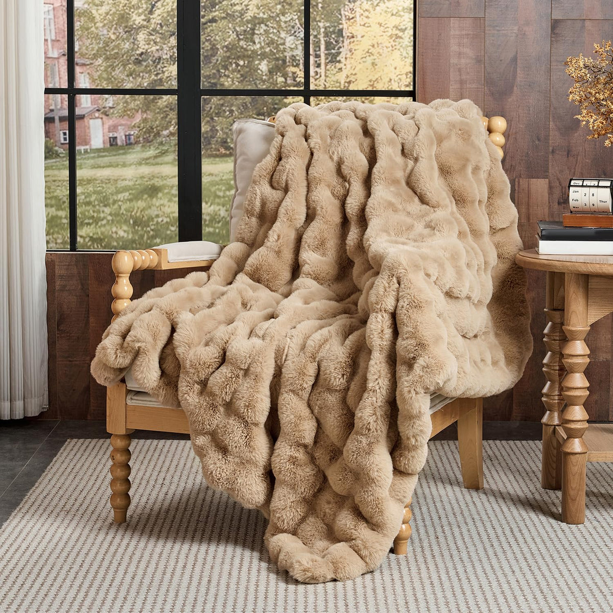 Lotus Karen Faux Fur Blanket - Cream White Twin Size, Big Bubble Rabbit Fluff, 60x80 Inches