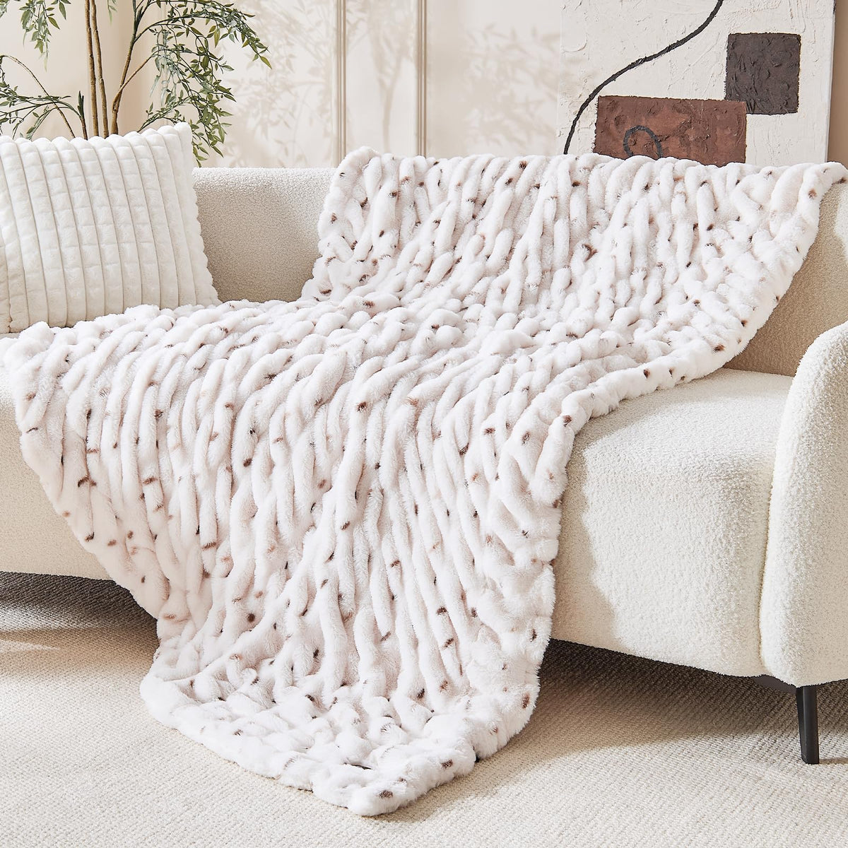 Double Sided Ruched Faux Rabbit Fur Throw Blanket,60x80,Driftwood