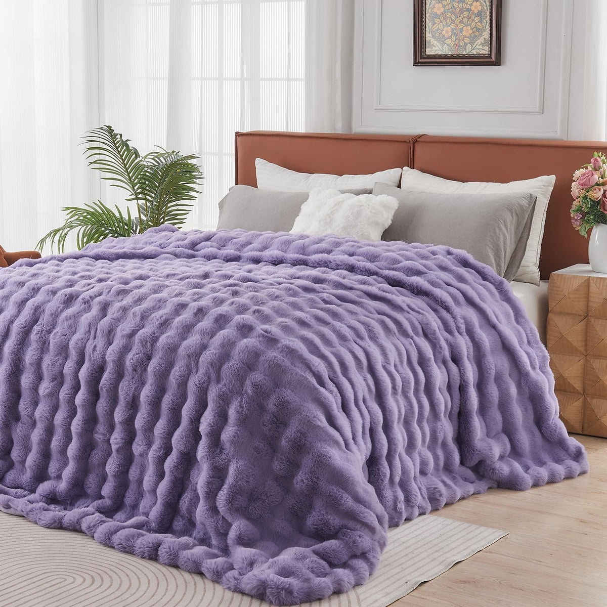 Lotus Karen Faux Fur Blanket - Cream White Twin Size, Big Bubble Rabbit Fluff, 60x80 Inches