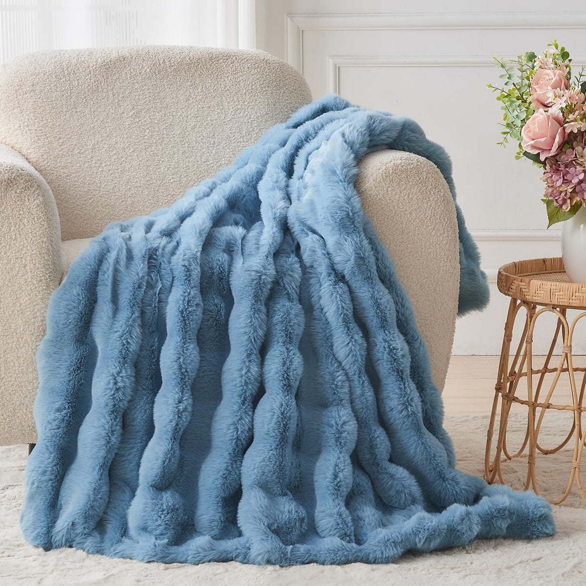 Lotus Karen Faux Fur Blanket - Cream White Twin Size, Big Bubble Rabbit Fluff, 60x80 Inches