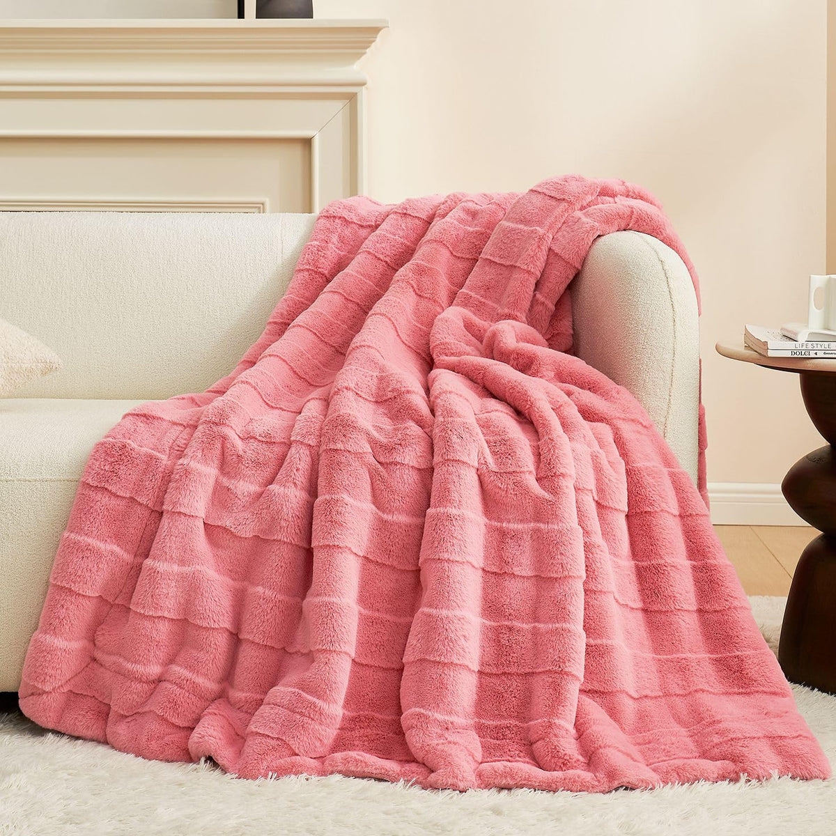 Cozy Bliss Fluffy Faux Fur Throw Blanket for Couch,Warm Cozy Soft Beige Throw Blankets for Sofa Bed Living Room,50x60 Inches