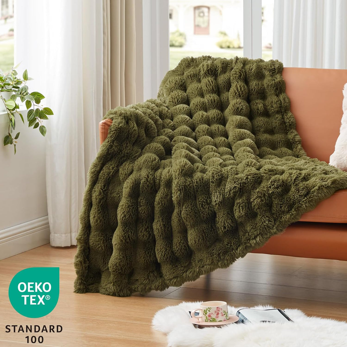 EXQ Home Fluffy Rabbit Faux Fur Throw Blanket for Couch Green