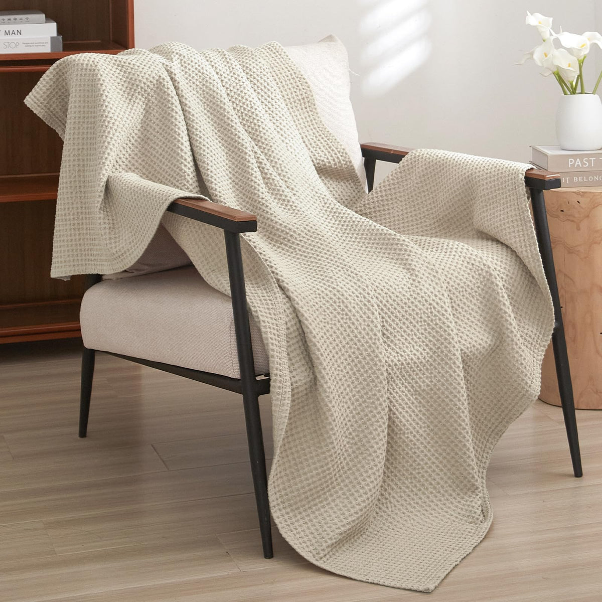 PHF 100% Cotton Waffle Blanket Lightweight Breathable, Twin Size, White