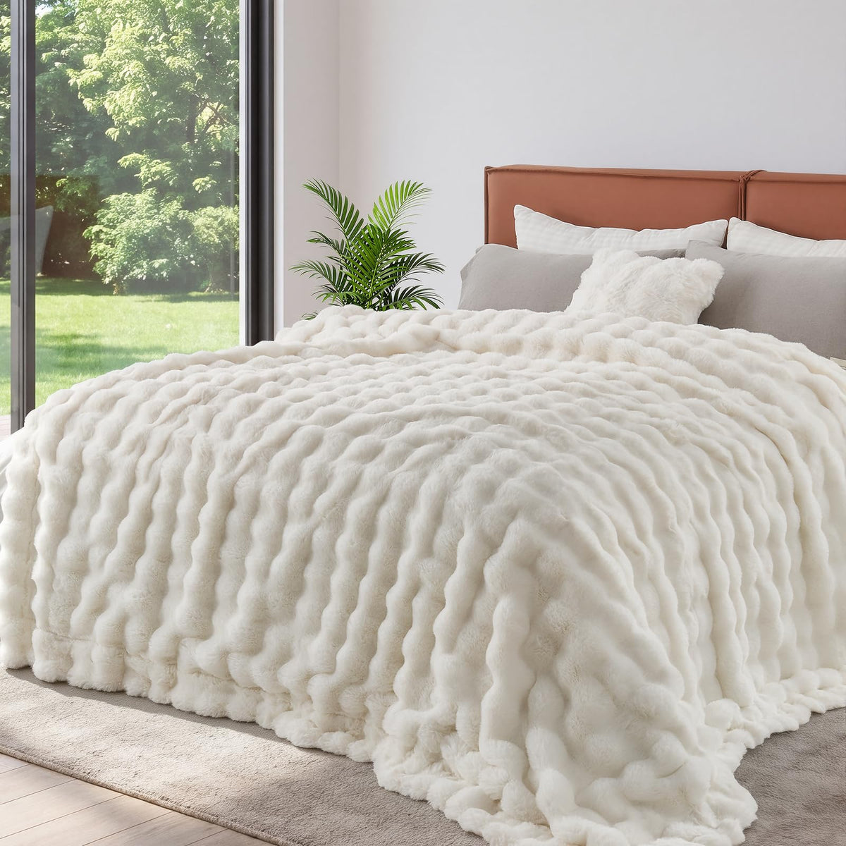 Lotus Karen Faux Fur Blanket - Cream White Twin Size, Big Bubble Rabbit Fluff, 60x80 Inches