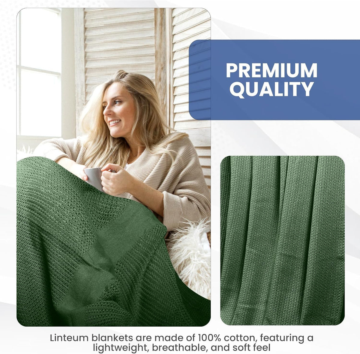 Linteum 100% Cotton Open-Cell Leno Weave Blanket — Breathable All Season — Queen 90x90 — Hunter Green