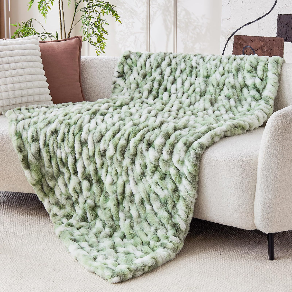Double Sided Ruched Faux Rabbit Fur Throw Blanket,60x80,Driftwood