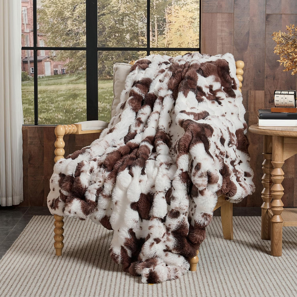 Lotus Karen Faux Fur Blanket - Cream White Twin Size, Big Bubble Rabbit Fluff, 60x80 Inches