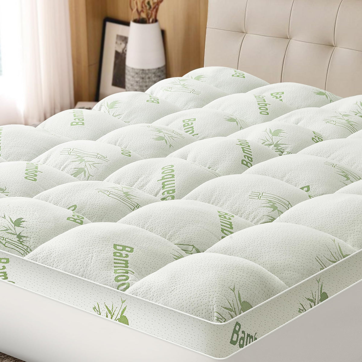 Mattress Topper King Size Viscose Derived from Bamboo, Thick Soft Pillow Top Mattress Pad Cover for Back Pain, Mattress Protector with 8-21 Inch Deep Pocket, White