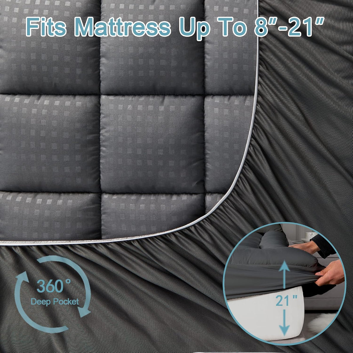 HYLEORY Queen Mattress Pad Quilted Fitted Mattress Protector Cooling Pillow Top Mattress Cover Breathable Fluffy Soft Mattress Topper with 8-21" Deep Pocket, Dark Grey